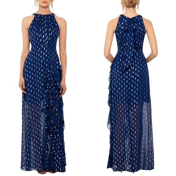 NWT Betsy & Adam Metallic Chiffon Front Ruffle Slit Halter Neck Sleeveless Gown - Picture 1 of 5